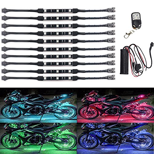 NBWDY 10Pcs Led Light Kits Multi-Color Wireless Remote Control Motorcycle Atmosphere Lamp RGB Flexible Strips Ground Effect Light for Motorcycle