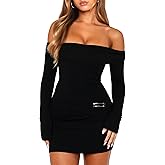 OZICERD Off The Shoulder Mini Dresses for Women Long Sleeve Bodycon Going Out Dress Cocktail Party Club Rave Short Black