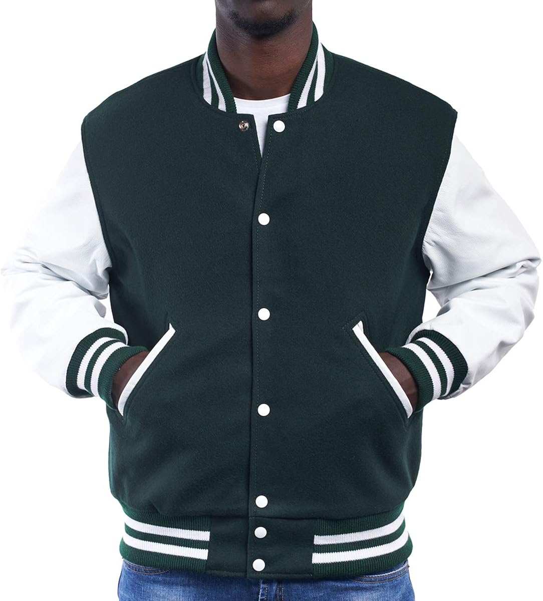 Letterman Jacket (16 Color Options) S to 5XLForest Green, WhiteXX