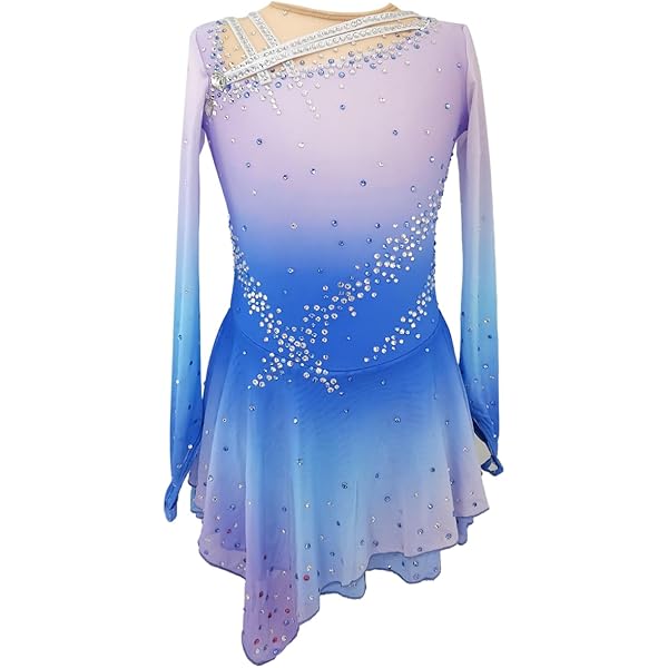 LIUHUO Figure Skating Dress For Girls - Blue Gradient Long Sleeve With  Crystals For Competition Blue Gradient Long Sleeve Skating Dress With  Crystals