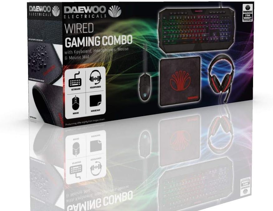 Daewoo Complete 4-IN-1 Gaming PC Set including Wired USB Plug Light Up Mouse & Keyboard, 40MM Speaker Headset with 20KHZ Mic