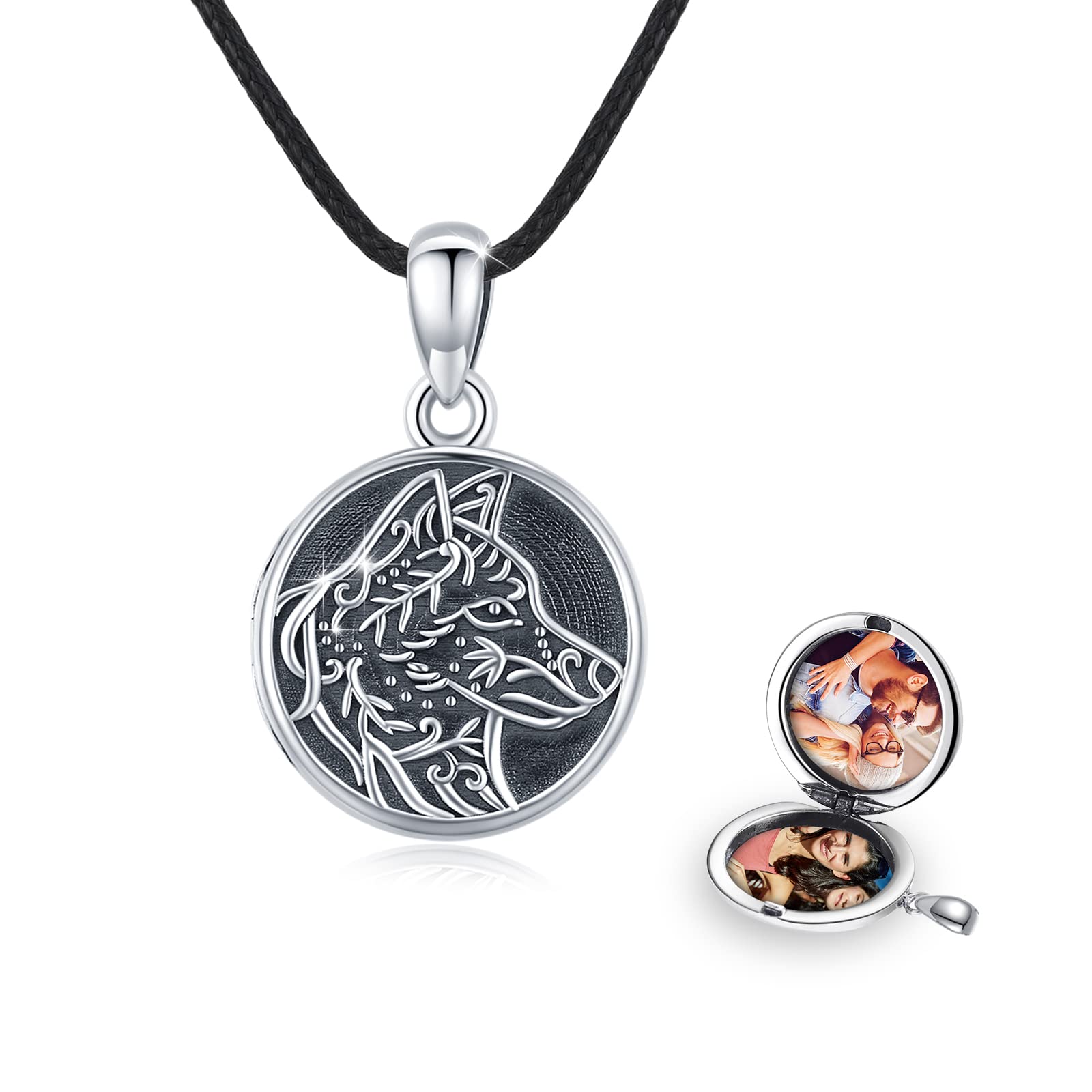 REDSUN Wolf Head Photo Locket Chain 925 Sterling Silver Locket Chain Photo Locket Amulet Medallion with Photo Jewellery for Men Son Boys Women Gift