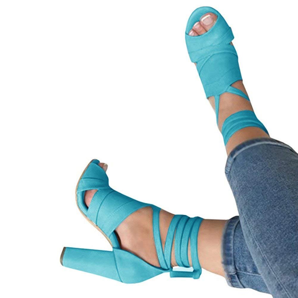 ThusFar Womens Chunky Heel Sandals Peep Toe Shoes Lace Up Party Beach Sandals Light Blue 6.5 US