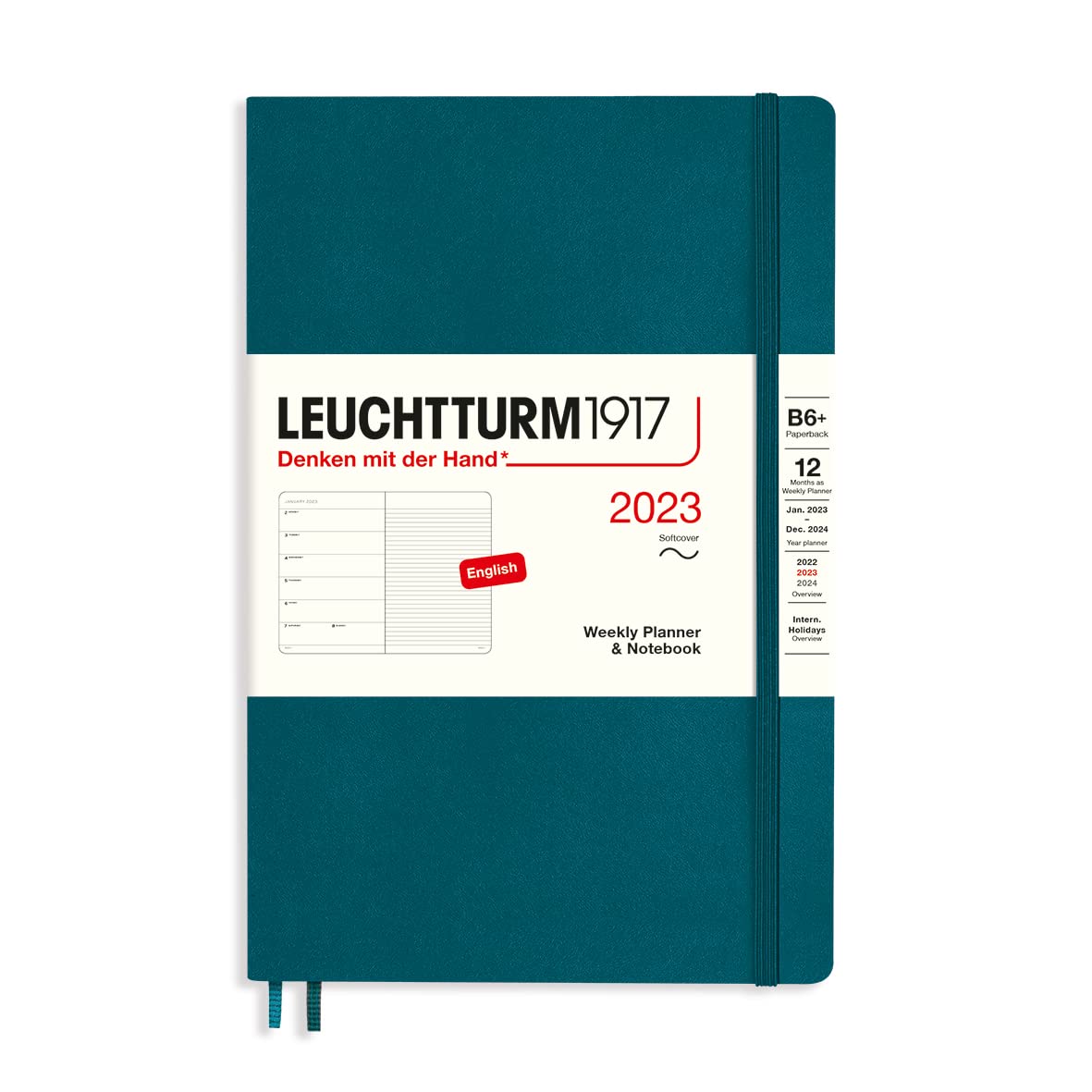 LEUCHTTURM1917 365918 Weekly Calendar & Notebook Softcover Paperback (B6+) 2023, 12 Months, Pacific Green, English