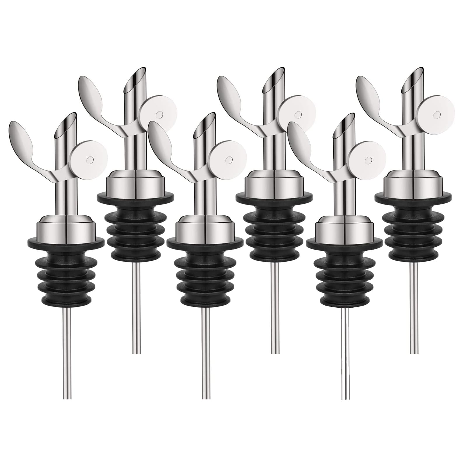 WAFJAMF 6 Pcs Weighted Stainless Steel Bottle Pourers, Self Closing Olive Oil Dispenser Spout, Auto Flip Feature Liquor Pour Spouts for Pours Liquid, Olive Oil, Wine, Vinegar（Silver）