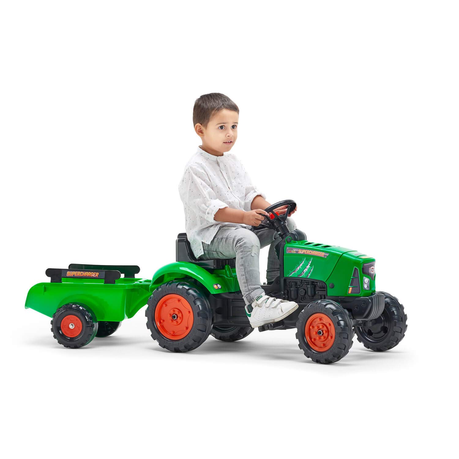 Falk 2031AB Supercharger Pedal Tractor with Trailer for 2 Years and Above – Made in France – Opening Hood – Steering Wheel with Horn