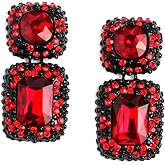 Vintage Geometric Black Colorful Rhinestone Statement Earrings Elegant Fancy Crystal Rectangle Drop Dangle Earrings Prom Pageant Earrings for Women
