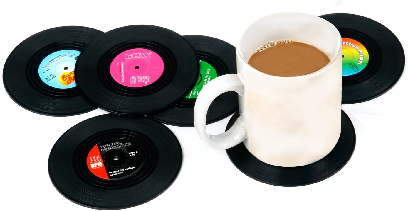 TRIXES Set of 6 Vinyl Record Retro Music Coasters, Table Top Protection Prevents Furniture Damage