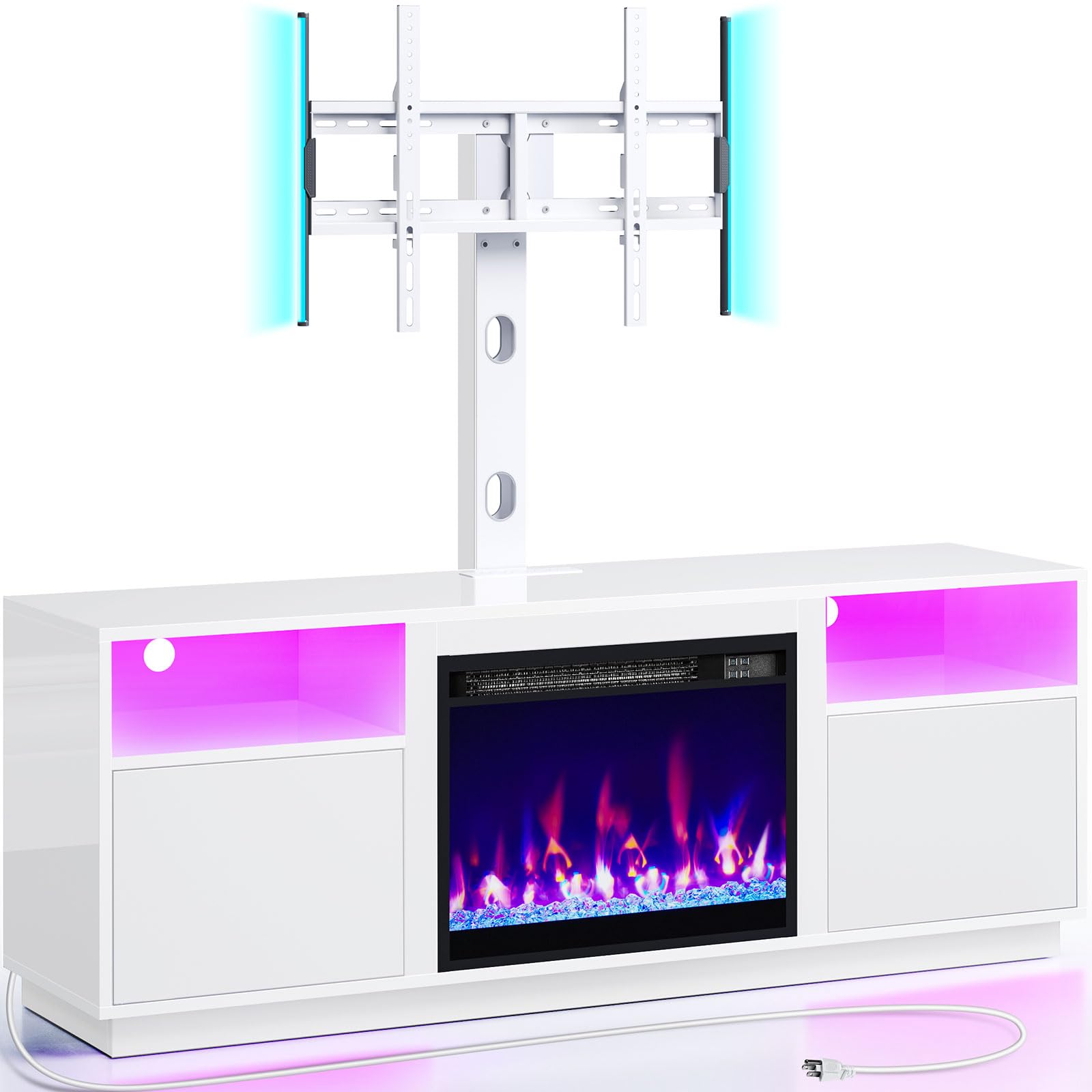 Rolanstar Fireplace TV Stand with Led Lights and Power Outlets, Entertainment Center with Electric Fireplace, Swivel TV Stand Mount for 45/55/60/65 inch TVs, Height Adjustable TV Console, White Image