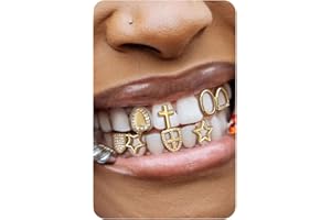 UBGICIG 6Pcs Dental Grillz, Single Grills for Your Teeth, Gold Plated Tooth Cap Fake Grill, Diamond Grillz Teeth for Men Women, Vampire Faux Halloween Top Teeth Kit, Hip Hop Jewelry with Molding Bars
