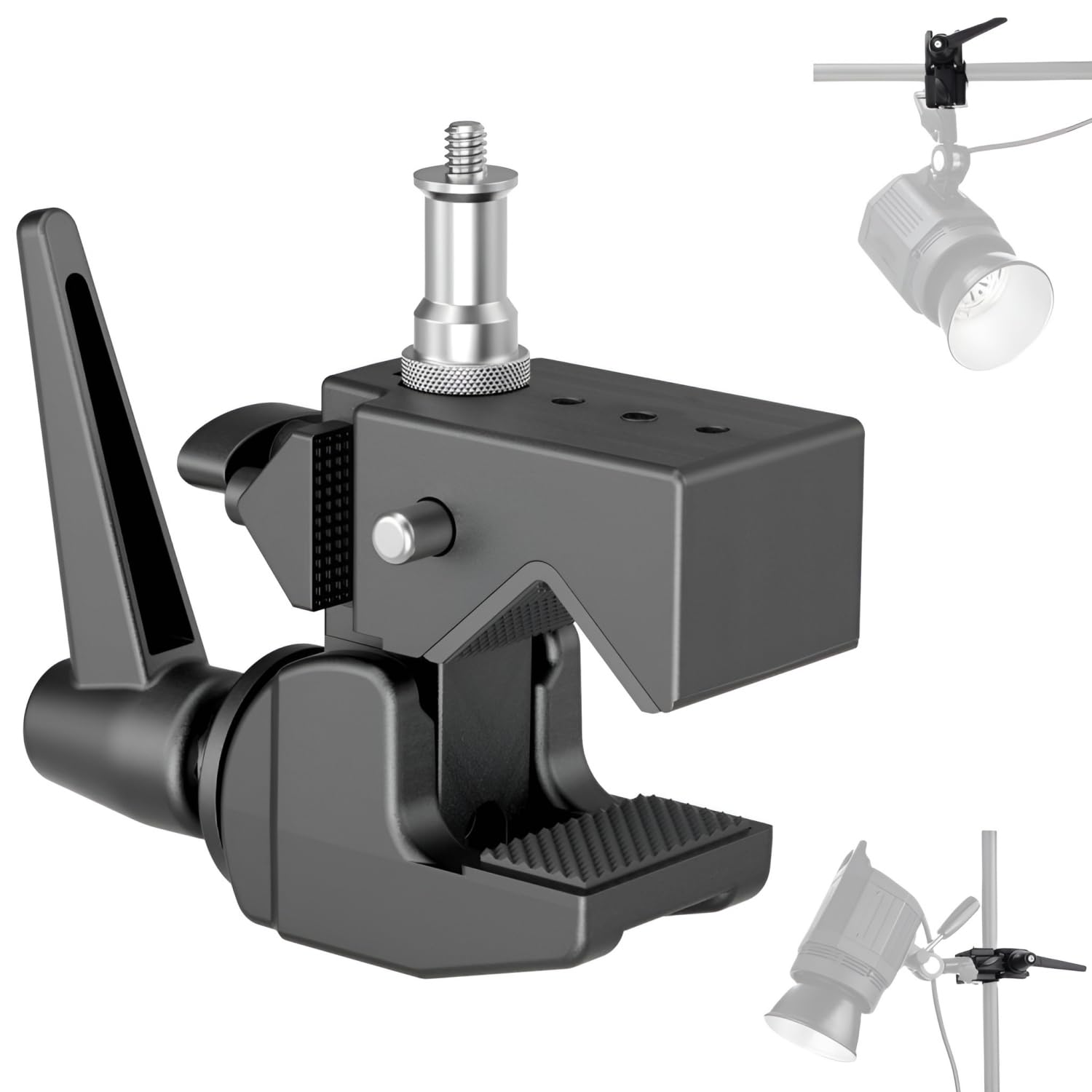 Super Clamp with 1/4 and 3/8 Thread Stud for Photo Studio Cameras, Lights, Umbrellas, Hooks, Shelves, Plate Glass, Cross Bars, LED Lighting Photography Video Audio Accessories, With Silver Stud