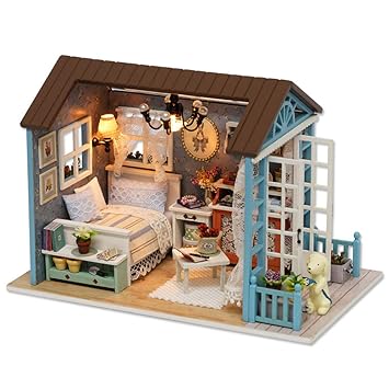 Decdeal DIY Miniature Dollhouse Kit Realistic Mini 3D Wooden House Room Craft with Furniture LED Lights Christmas Birthday Gift