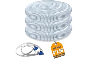 POWERTEC 70244 Heavy Duty 4-Inch x 20-Foot Flexible PVC Dust Collection Hose with 2 Key Hose Clamps, Clear Color