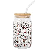 Silver Buffalo Sanrio Hello Kitty Fall Leaves Glass Tumbler With Bamboo Lid And Reusable Glass Straw | Holds 16 Ounces