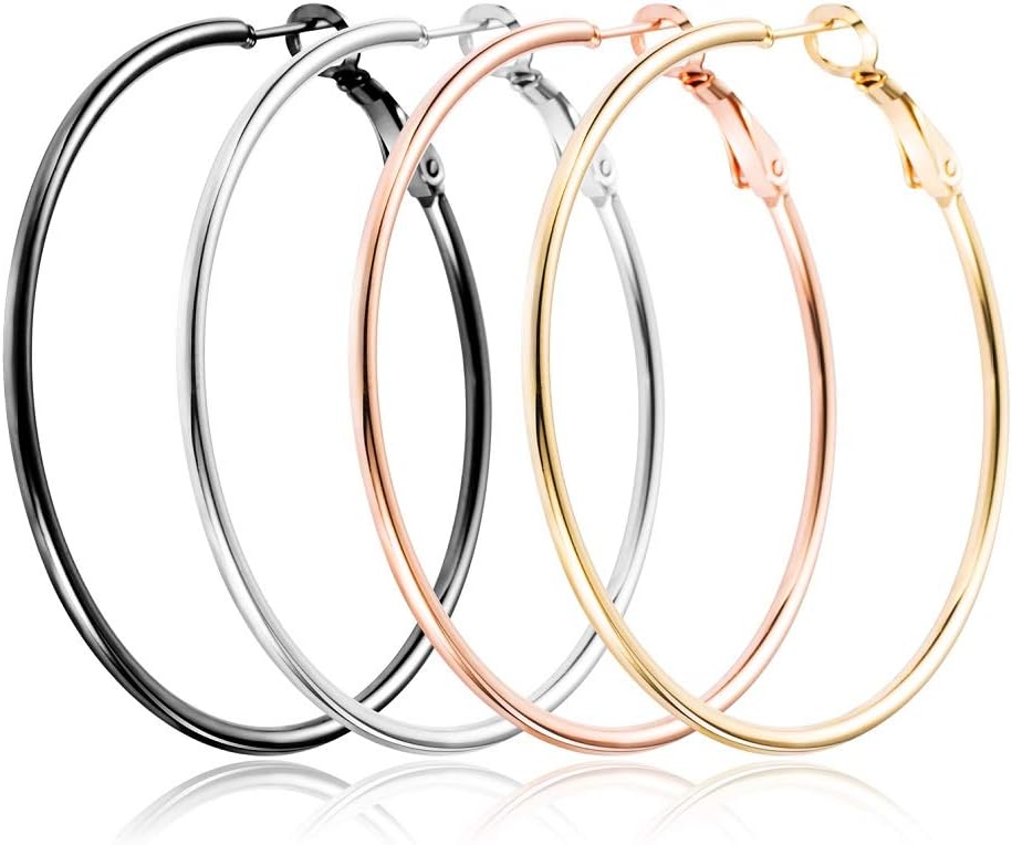 4 Pairs Upgrade Big Hoop Earrings, stainless steel Steel Hoop Earrings 18K Gold Plated Rose Gold Plated Silver for Women Girls Sensitive Ears(4 Colors Set)