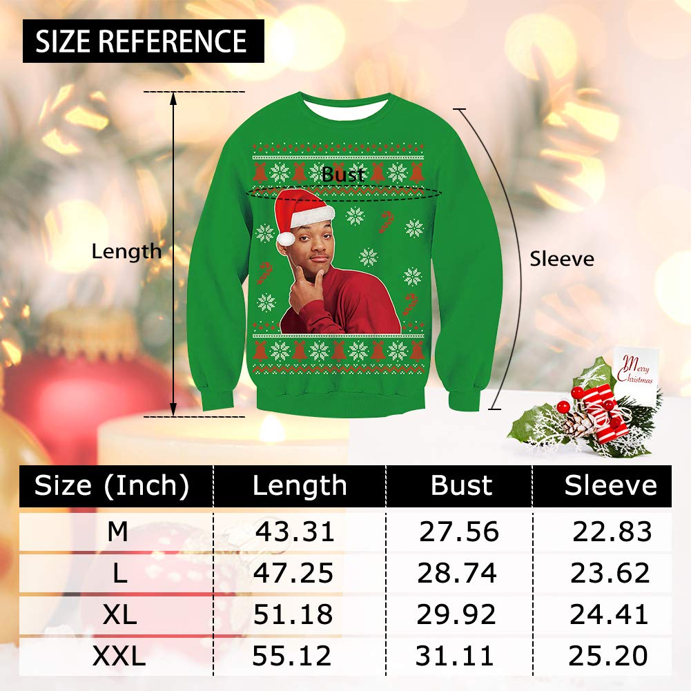 Pemela Youth 3D Print Ugly Christmas Sweatshirts Fleece Cewneck Pullover Funny Fresh Prince Long Sleeve Jumper Xmas Clothing XL