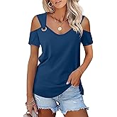 Minetom Women's Cold Shoulder Tops Short Sleeve V Neck T Shirts Basic Summer Tees