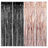 4 Pack Foil Curtains Metallic Fringe Curtains Shimmer Curtain,Rose Gold and Black Photo Booth Backdrop Curtain 3.3ft*9.8ft for Birthday Wedding Engagement Bridal Shower Baby Shower Bachelorette Holiday Celebration Party Decorations