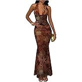 Verdusa Women's 2 Piece Boho Set Floral Tie Backless Asymmetrical Halter Top with Maxi Skirt Vacation Outfits