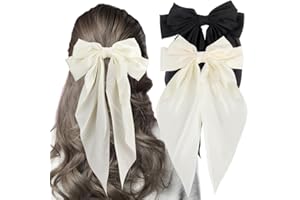 Exacoo HairBow, 2Pcs White & Black Silky Satin Hair Bow, Large Big Hair Clips for Women