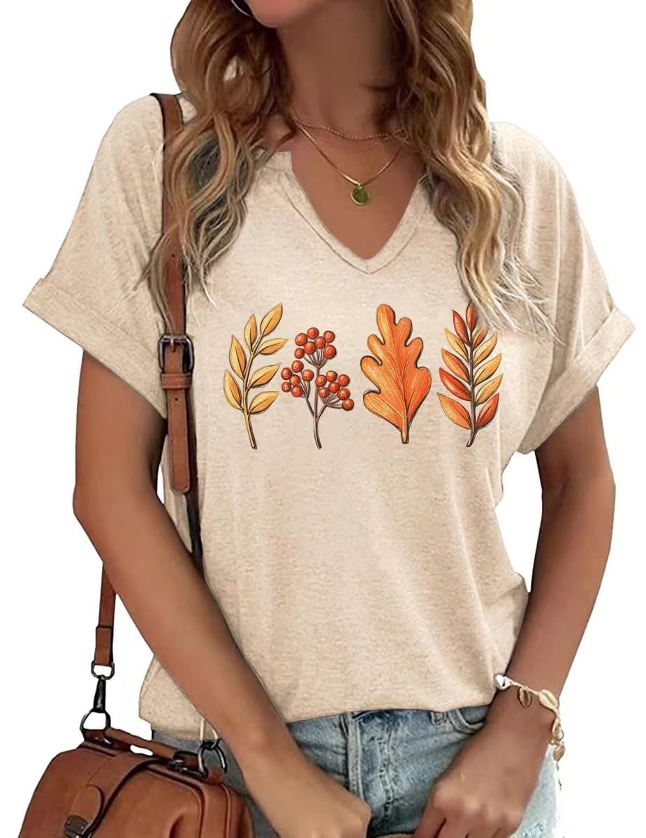 Photo 1 of Women's Fall Leaves V Neck Shirt Family Halloween Thanksgiving Fall Doodles Short Sleeve Graphic Tee Casual Autumn Season Shirt(S,H-Apricot-1)