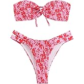 GORGLITTER Women's Strapless Bandeau String Bikini Set Floral Bow Swimsuit High Waisted Smocked Bathing Suit