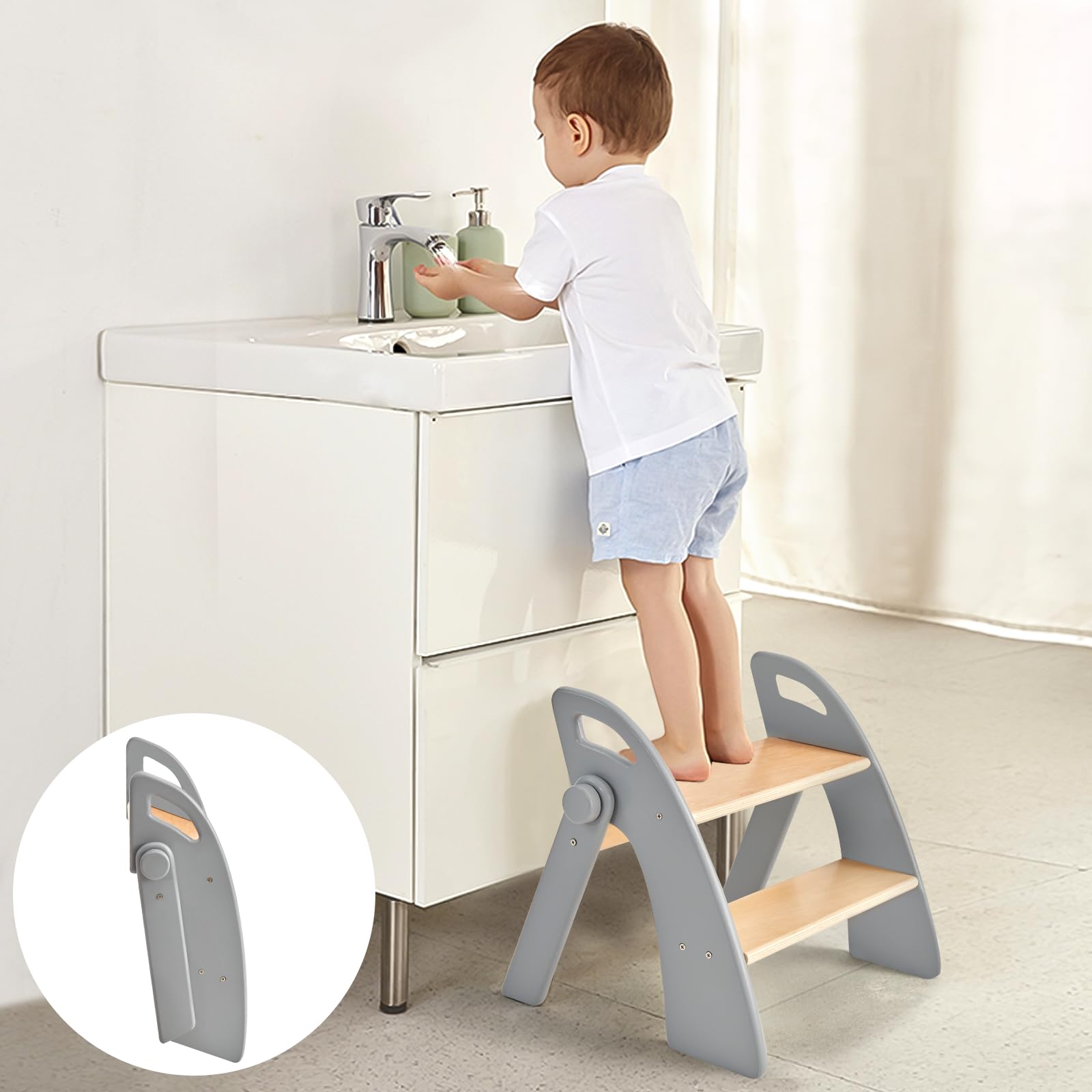 Photo 1 of Wooden 2 Step Stool for Kids Bathroom Sink Foldable Anti-Slip 2-Step for Toilet Potty Training, Child Stepping Stool for Kitchen Nursery Bedroom, Sturdy Non Slip Adult Stool for Closet Grey