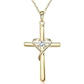 AmorAime 925 Sterling Silver Cross Necklace for Women Men 14K Gold Plated 5A CZ Birthstone Necklaces for Holiday