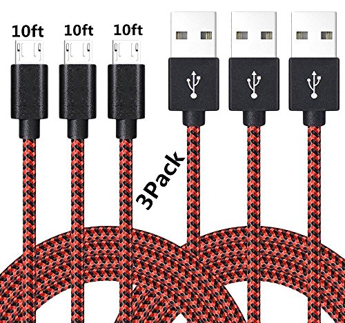 Micro USB Cable, AOSOK 3Pack 10ft Nylon Braided High Speed 2.0 USB to Micro USB Charging Cables for Samsung, LG, Motorola, Nexus, HTC, Sony, Nokia, Android Devices and More (3Pack 10ft Black Red)