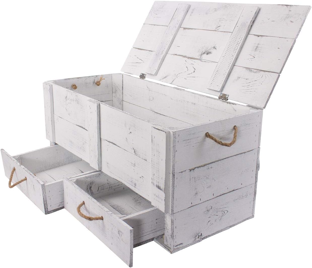 Obstkisten-online 1x Vintage TRUHE - Holztruhe mit Deckel inklusive Zwei Schubladen, mit Kordeln als Griffe - NEU - 85 x 39 x 40 cm - für Decken usw