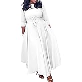 SOMTHRON Women's Casual 3/4 Sleeve Long Maxi Dress A-Line Flared Solid Wrap Tie Waist Swing Dresses