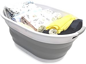 SAMMART 28L (7.4 Gallon) Collapsible Plastic Laundry Basket - Oval Tub/Basket - Foldable Storage Container - Portable Washing Tub - Space Saving Laundry Hamper, Water Capacity 22L/5.8 Gallon (1, Grey)