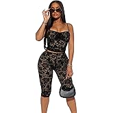 Mandonce Sexy Outfits For Women Pants Sets Lace Sleeveless Camisole Tops Match Skinny Lace Capri Pants Clubwear Medium