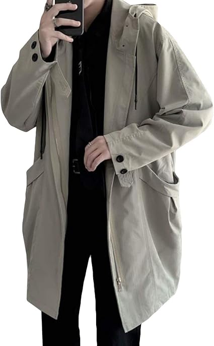 Amazon Mengfanメンズ トレンチコート ゆったり 春 秋 フード付き モッズコートロング丈 アウター カジュアル チェスターコート 防風 コート 原宿風 かっこいい コート ジャケット 通販