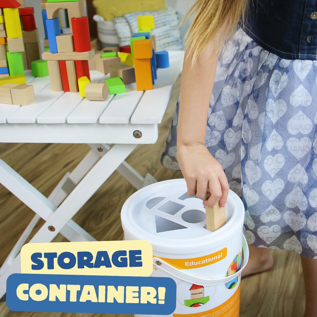 Pidoko Kids Building Blocks for Toddlers 1-3, 100 Pcs Wooden Blocks - Includes Storage Bucket and Shape Sorter Lid - Montessori Wood Block Gifts For Preschool Boys & Girls