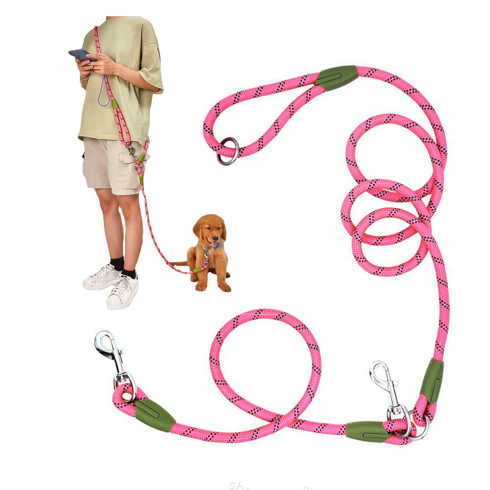 Hands Free Dog Leash for Running Walking Training, Crossbody Double Lead Rope, 1.2cm Thick Nylon Reflective Heavy Duty Leash Belt for Small Medium Large Dogs (Pink)