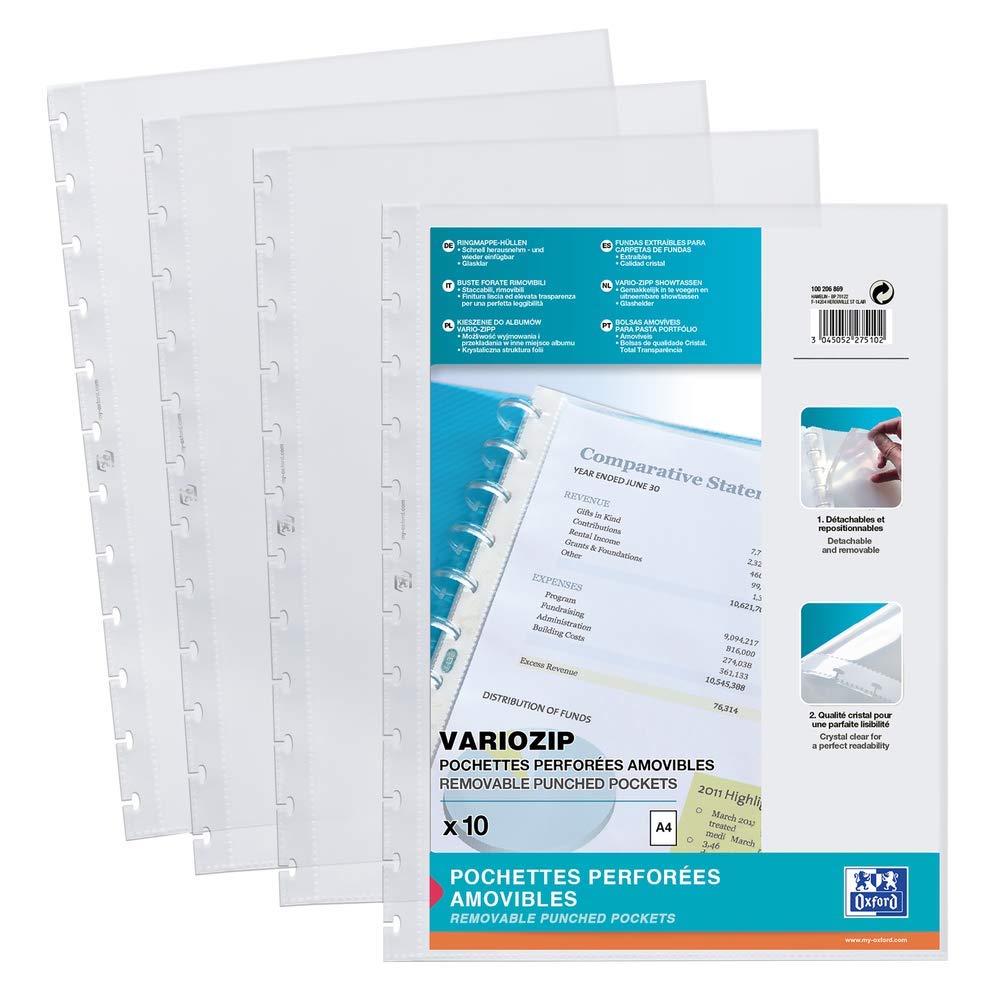 Elba Pack of 10 A4 VarioZip Colourless Polypropylene Removable/Re-positionable Punched Plastic Wallets