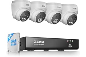 ZOSI C220 4K 8MP 8CH POE NVR Security Camera System (16CH Expandable), 4 x 8MP PoE IP Dome Cameras Outdoor Indoor, AI Human/Vehicle/Face Detection, Two-Way Talk, 100ft IR Night Vision, 2TB HDD