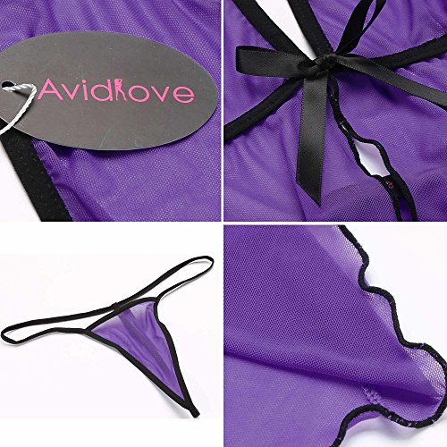 Avidlove Women Sexy Lingerie Mesh Outfits Tie Front Chemises Mini Teddy Purple XXL