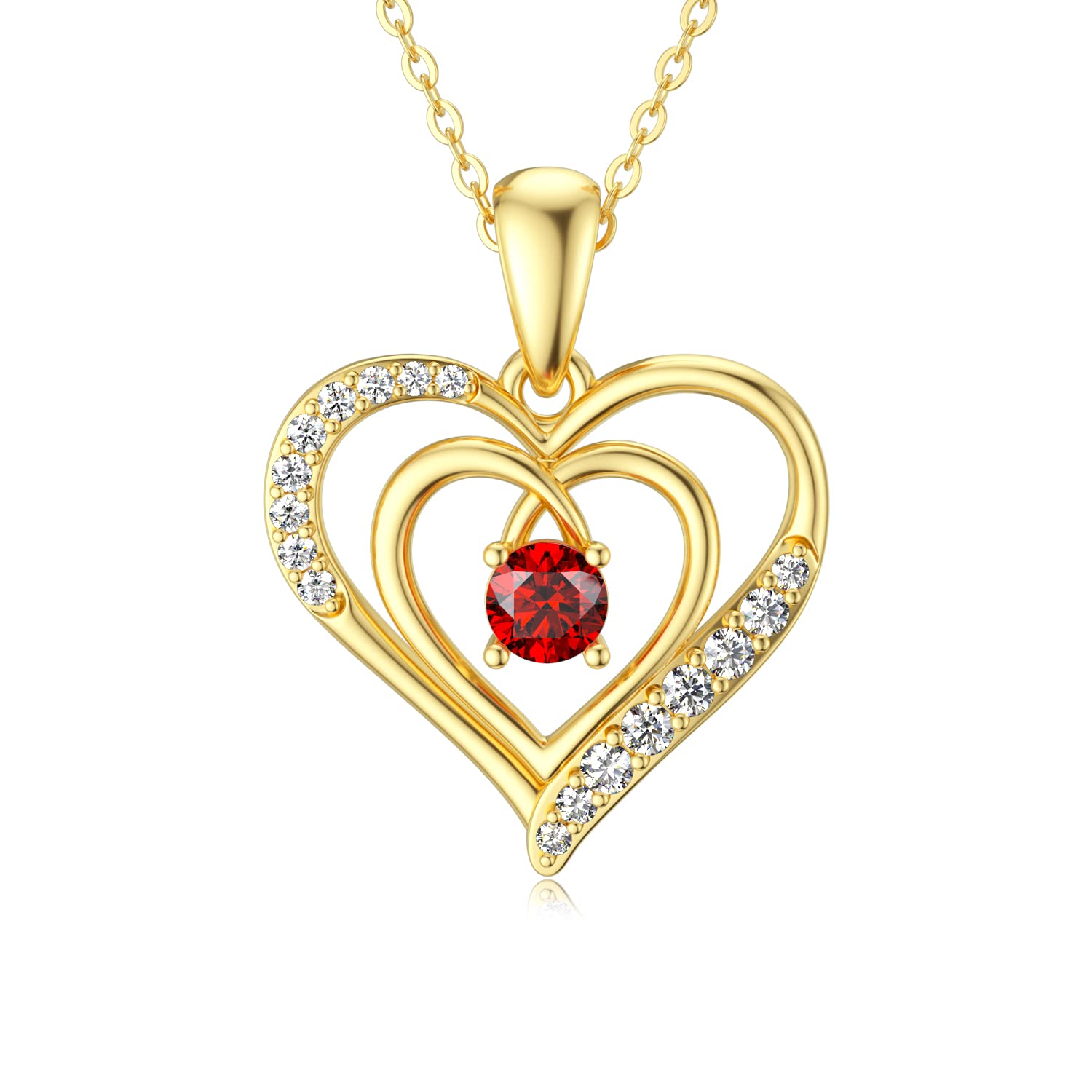 SISGEM 9 ct Gold Heart Necklace, Solid Yellow Gold Mother and Daughter Pendant Necklace, Gold Garnet Necklace, for Women Girls Ladies Mum Sisters, 16"+1"+1"