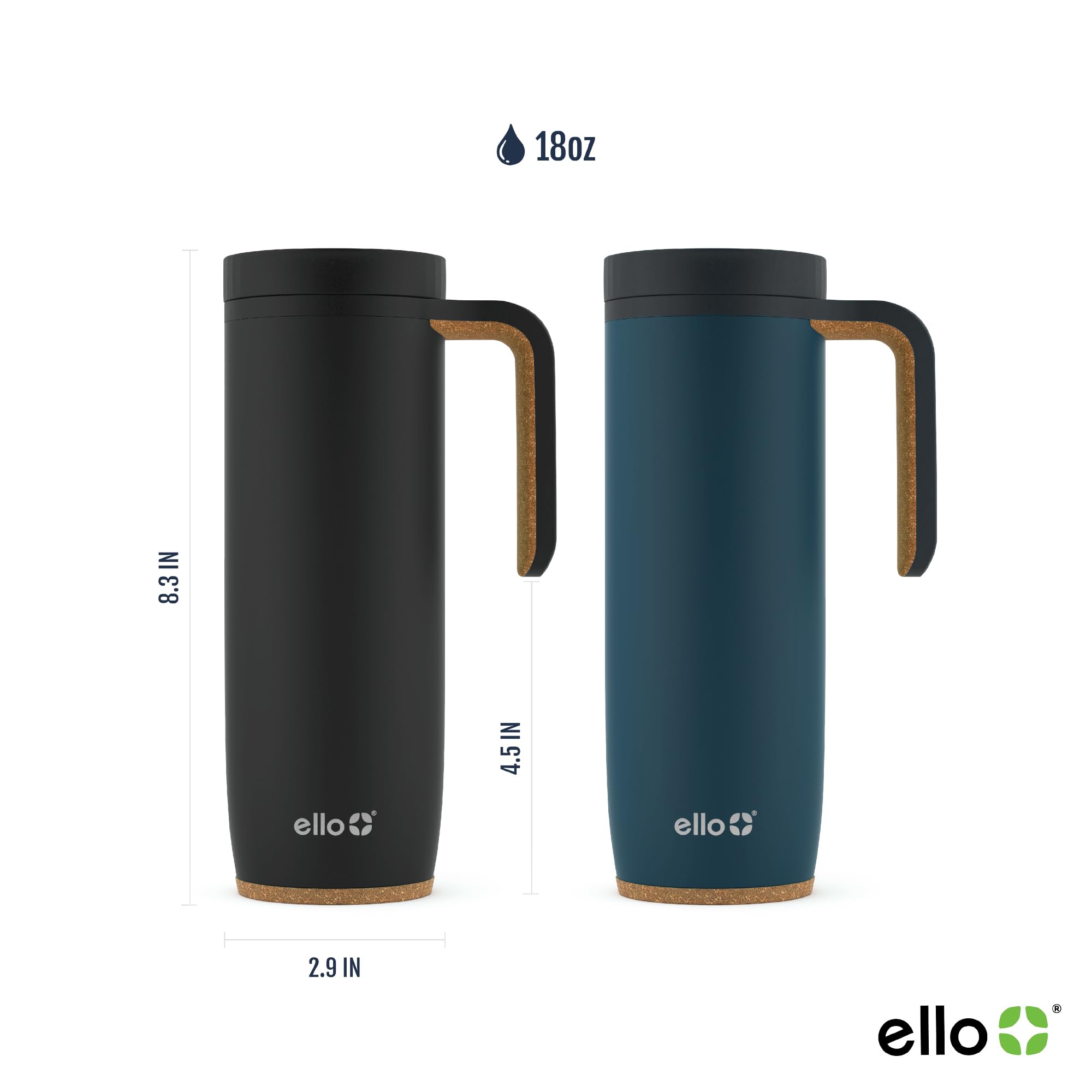 Ello Magnet 18oz Vacuum Insulated Stainless Steel Travel Mug with Side Handle and Leak-Proof Slider Lid and Built-in Coaster, Keeps Hot for 5 Hours