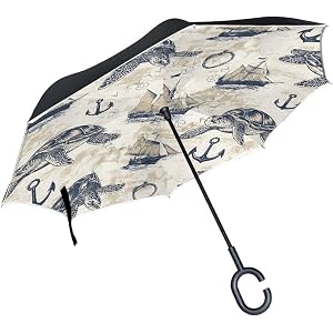 ALAZA Sea Turtle Sailboat Anchor Inverted Umbrella | Large Reverse Upside Down Umbrella for Rain Car Stick Umbrella Double La