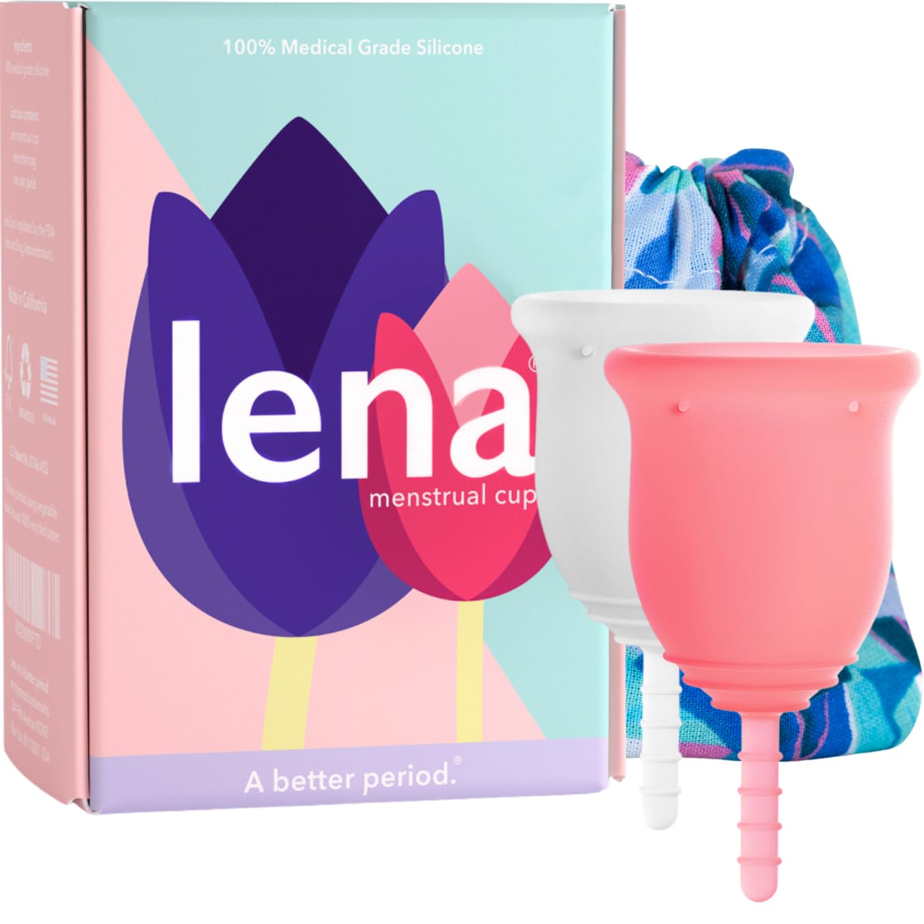 Lena Menstrual Cups, Reusable Period Cup, Tampons,Period Underwear and Menstrual Pads Alternative, Feminine Care, FSA Eligible, Silicone Menstrual Cup, Made in USA, Small & Large, Pink & Turquoise