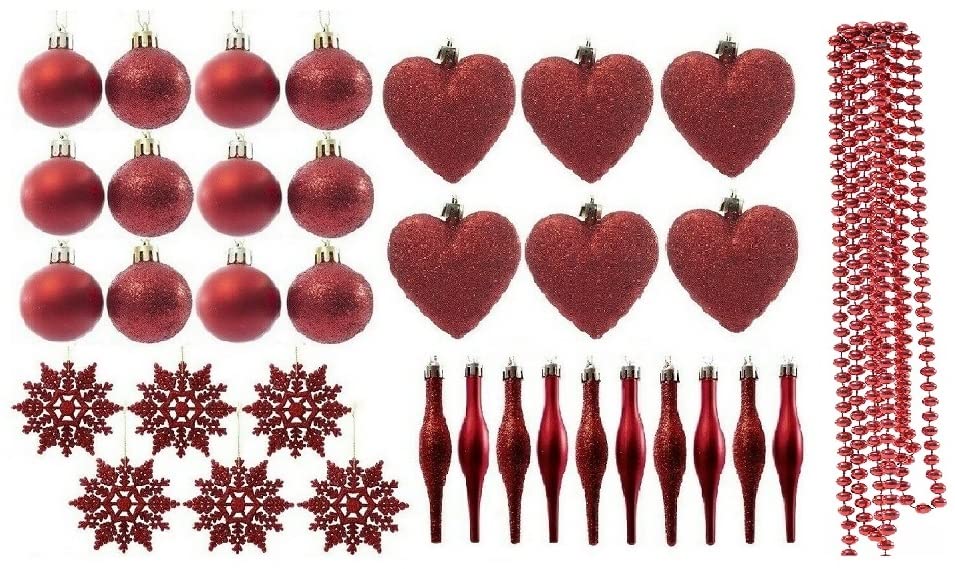 Christmas Tree Decoration Baubles Snowflakes Droplet Garland Heart Set 35pc (Red)