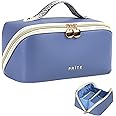 Prite Makeup Bag for Women Travel Waterproof Vegan Leather Cosmetic Bag Open Flat Toiletry Bag With Clear Divider and Handle (Blue)