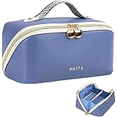 Prite Makeup Bag for Women Travel Waterproof Vegan Leather Cosmetic Bag Open Flat Toiletry Bag With Clear Divider and Handle (Blue)