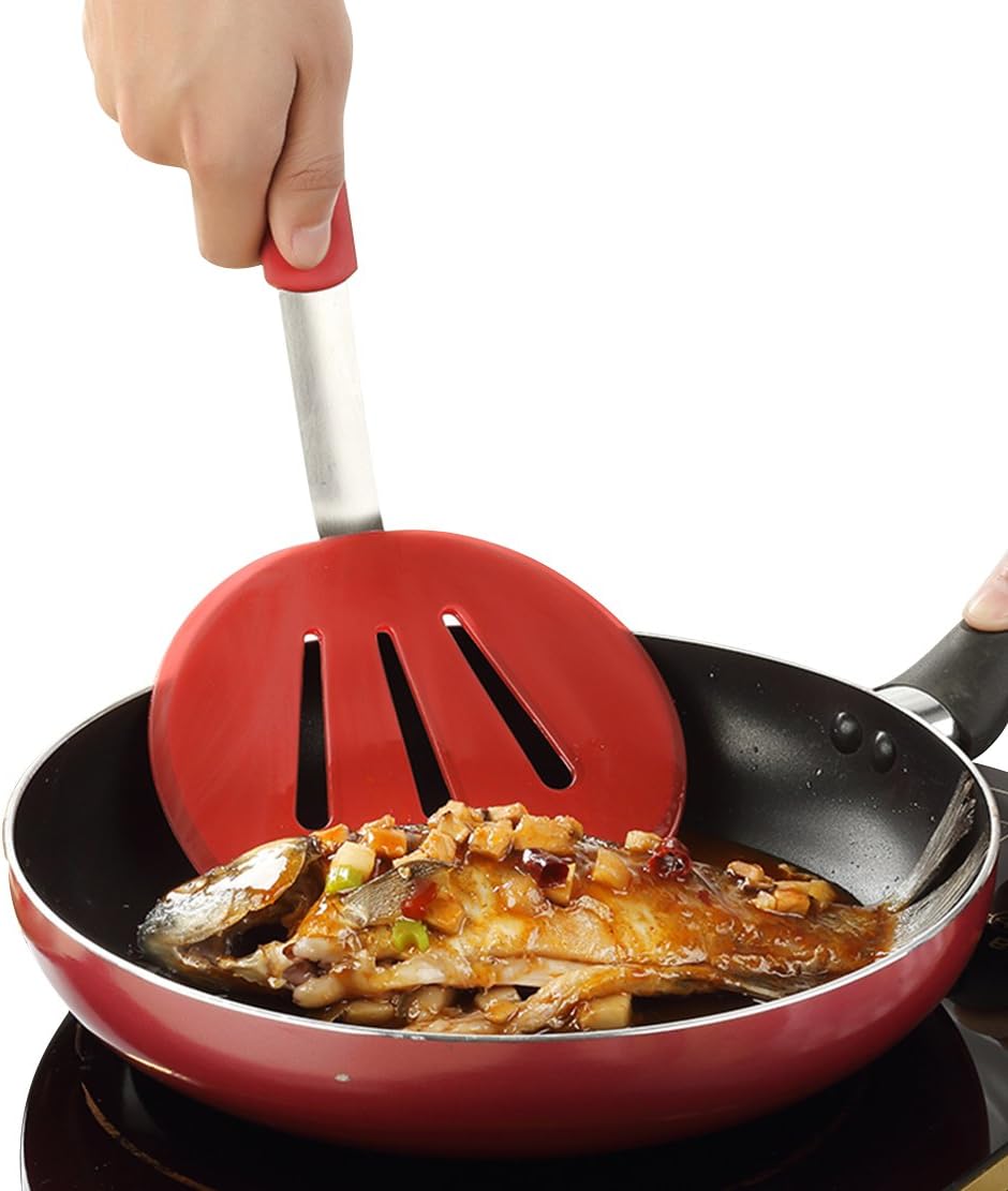 Yzakka Silicone Pancake Spatula Fish Spatula Kitchen Wide Turner Slotted Ultra Flexible Spatula with Plastic Handle FDA Proved