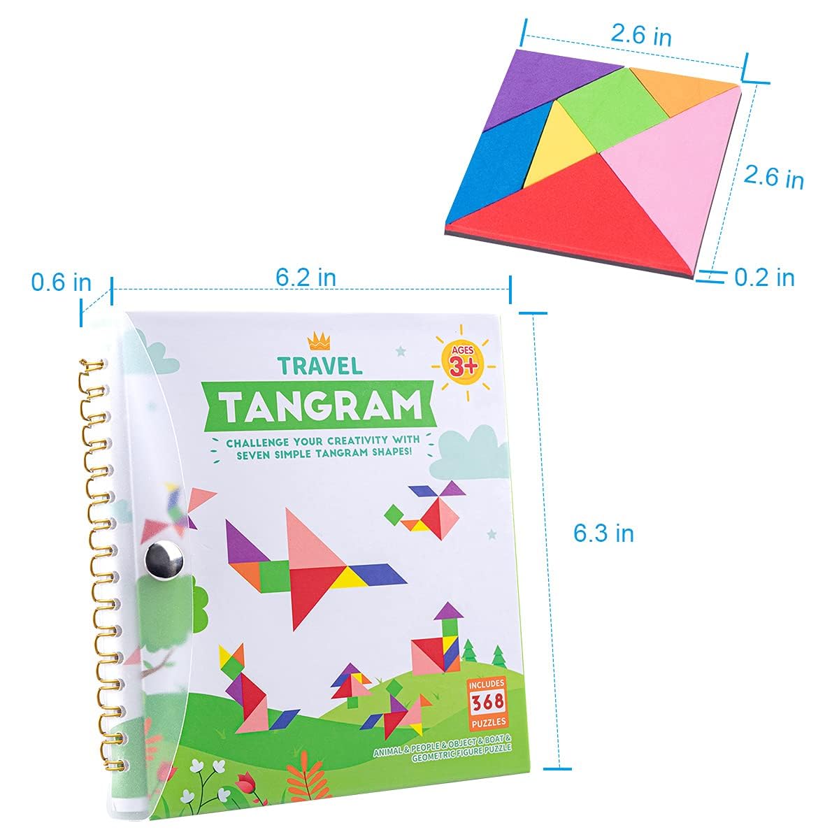 Vanmor Travel Tangram Puzzle with 2 Sets Magnetic Plate-Montessori Shape Pattern Blocks Jigsaw Road Trip Games with 368 Solution - IQ Book Educational Toy Brain Teaser Gift for Kids Adults Challenge