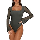 REORIA Women's Sexy Long Sleeve Square Neck Bodysuit Mesh Double Lined Going Out Tops 2025