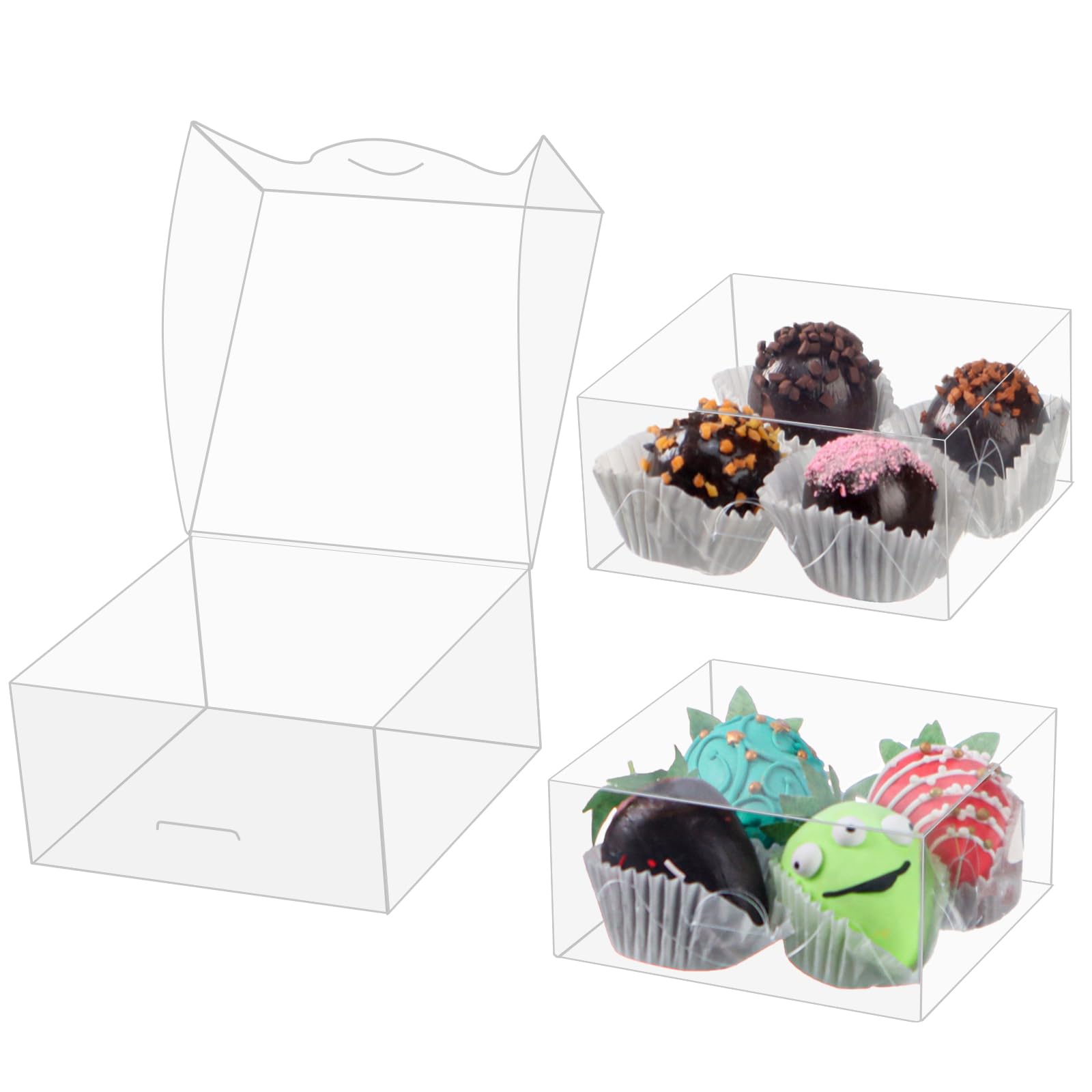 Photo 1 of 100pcs 4x4x2 Inch Clear Pastry Gift Boxes - Bakery, Cookie, Soap, Donut, Chocolate Covered Strawberries, Truffle, Brownie Cake & Treat Boxes for Party Favors & Wedding